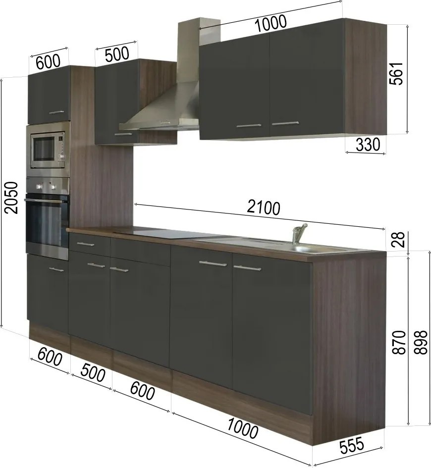 Yorki konyhabútor Yorki tölgy korpusszal, selyemfényű antracit fronttal 270 cm-es méretben