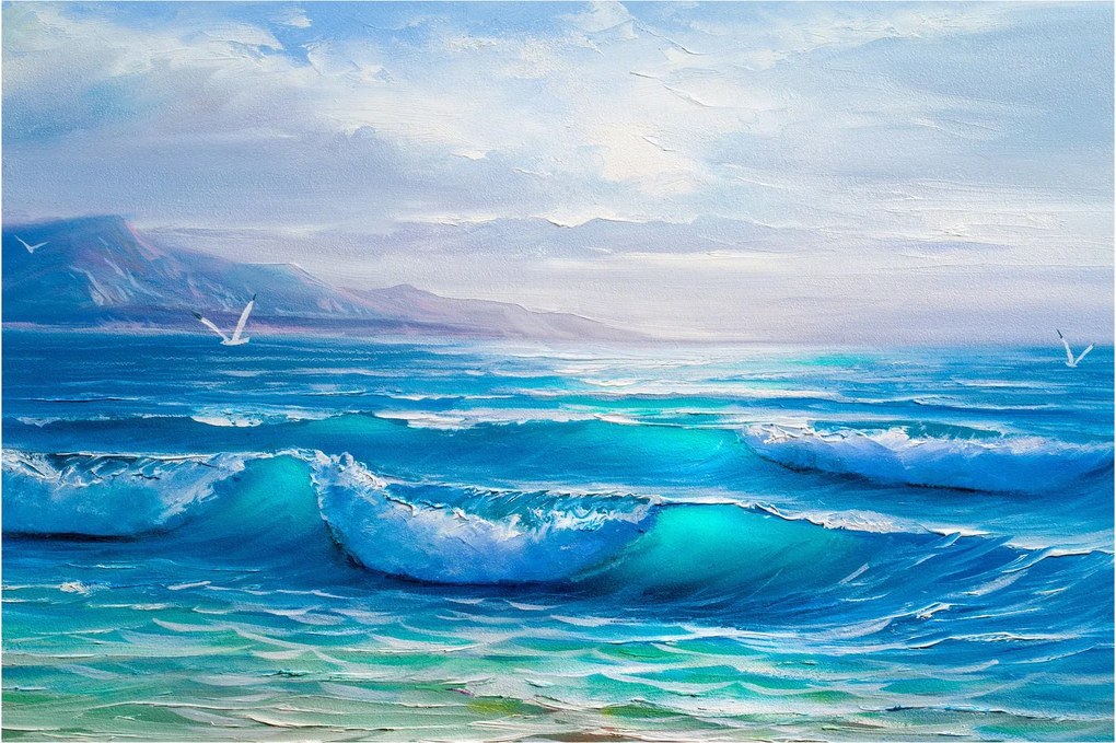 Kép - Olajfestmény a tengerről sirályokkal (90x60 cm)
