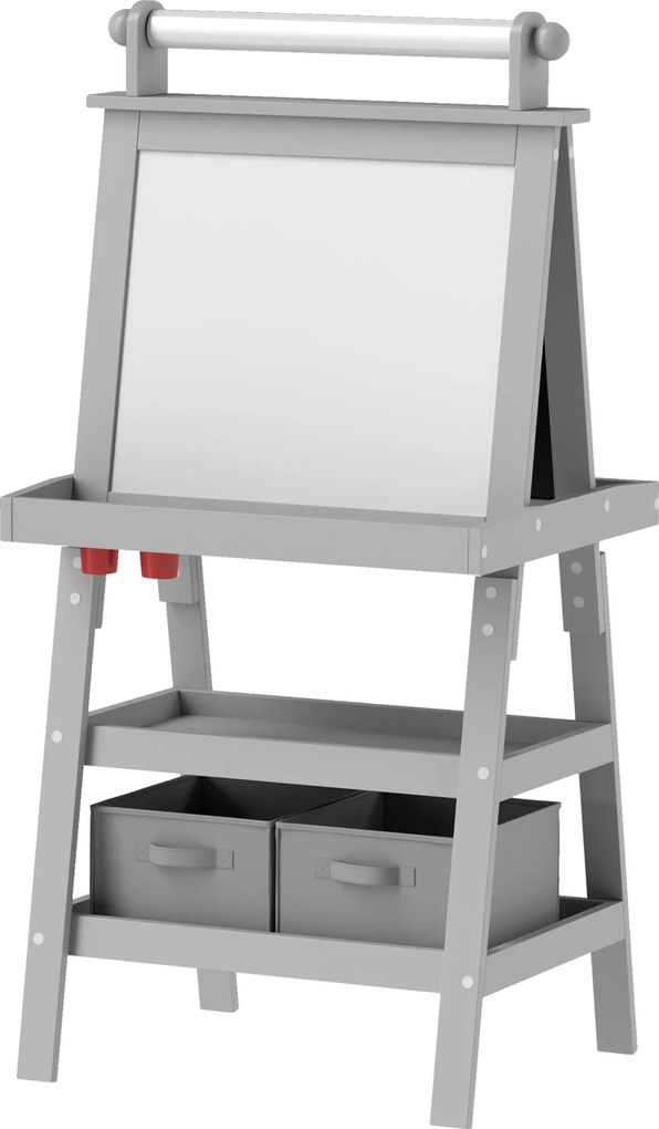 AIYPLAY 3 az 1-ben Gyermekrajzoló Állvány - mágneses, kétszínű gyermek fekete táblával, papírtekercsel és tárolókosarakkal 59x48x118 cm Szürke | Aosom