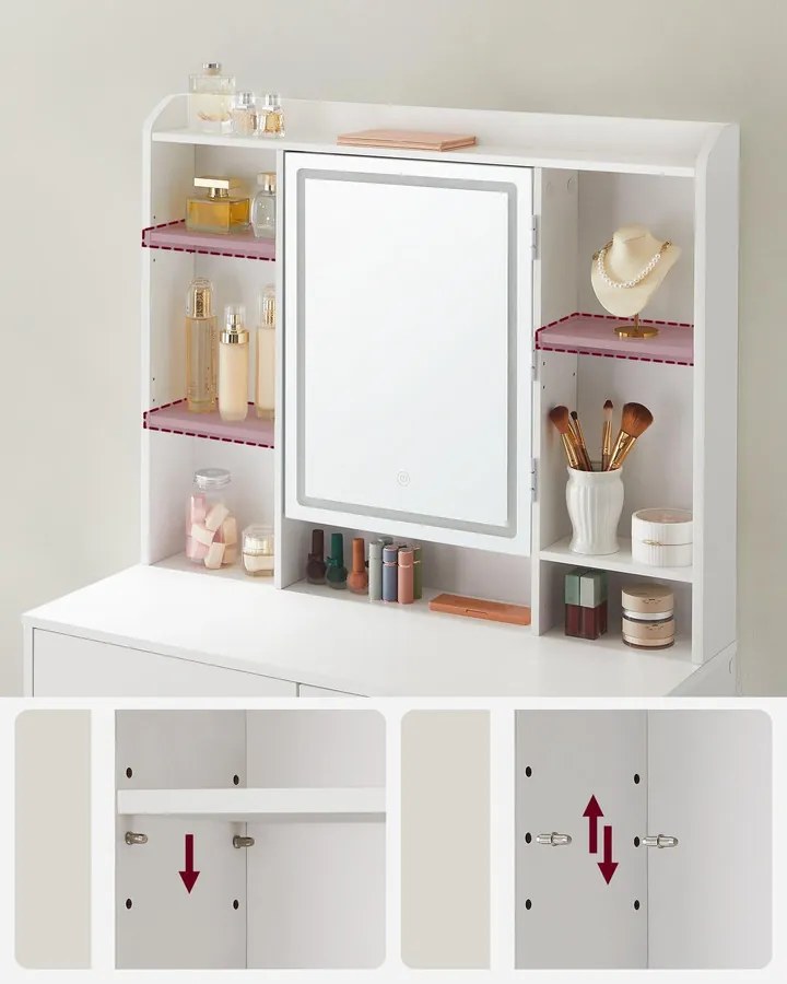 KAILYN LED sminkasztal tükörrel, 2 fiókkal, modern, felhőfehér