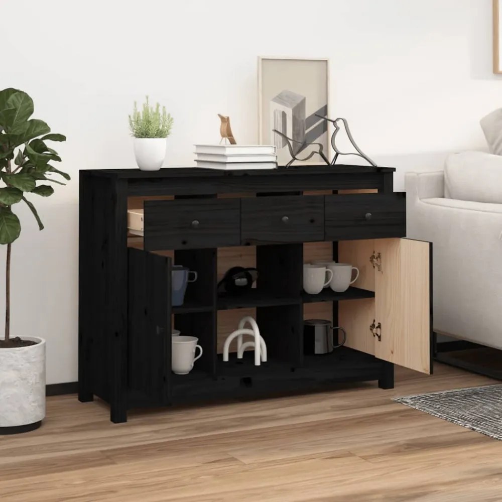 fekete tömör fenyőfa tálalószekrény 100x35x74,5 cm