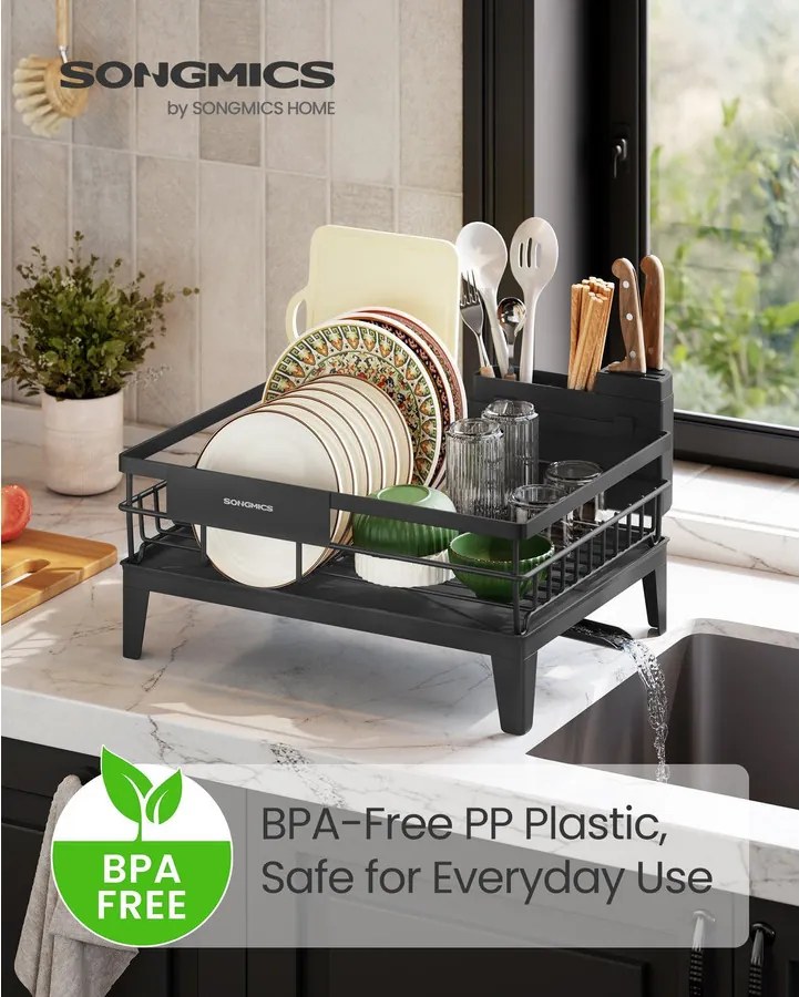 Edényszárító állvány, 360°-ban forgatható és kihúzható lefolyóval, fekete