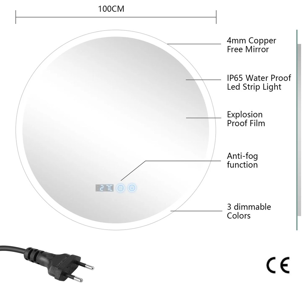 Erga Deam, kerek LED-es tükör 100cm, 3 színű fény, első világítás, páramentes fűtőbetét, ERG-V01-Deam-1010-CL