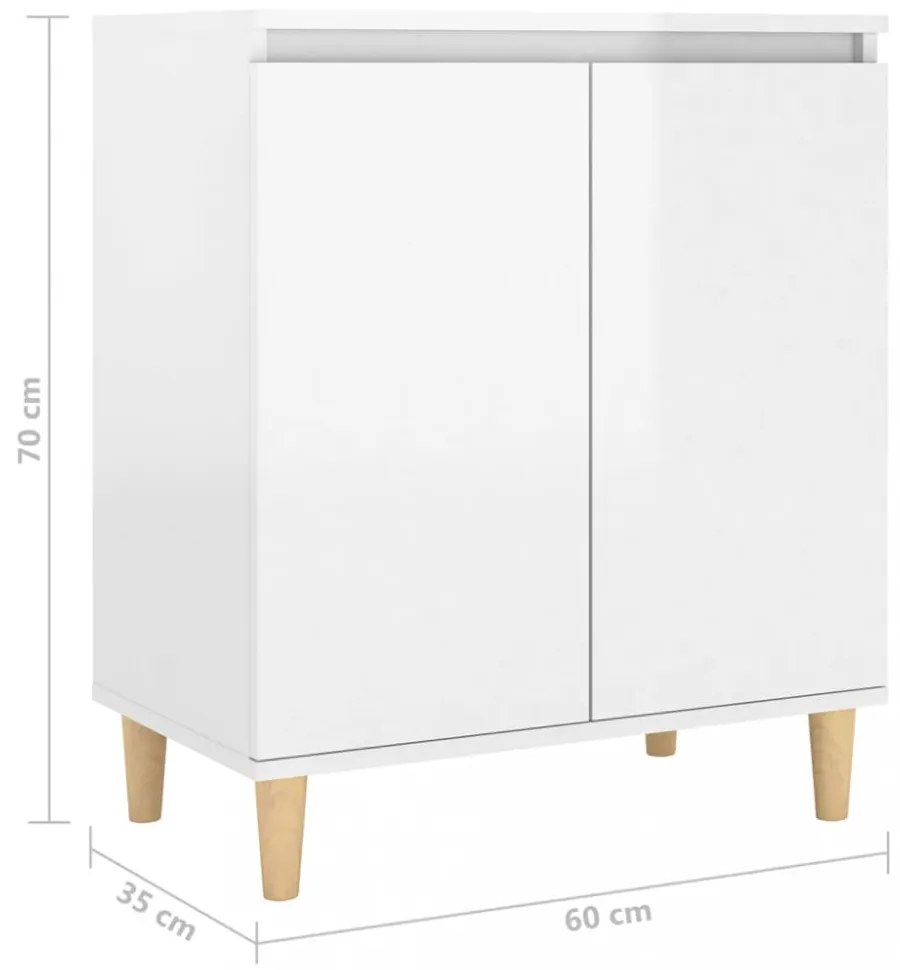magasfényű fehér tálalószekrény tömör falábakkal 60x35x70 cm