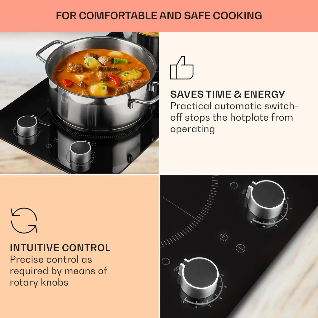 Klarstein Kochheld, indukciós főzőlap, 2900 W, 2 zóna, forgó szabályozók, üveg, fekete