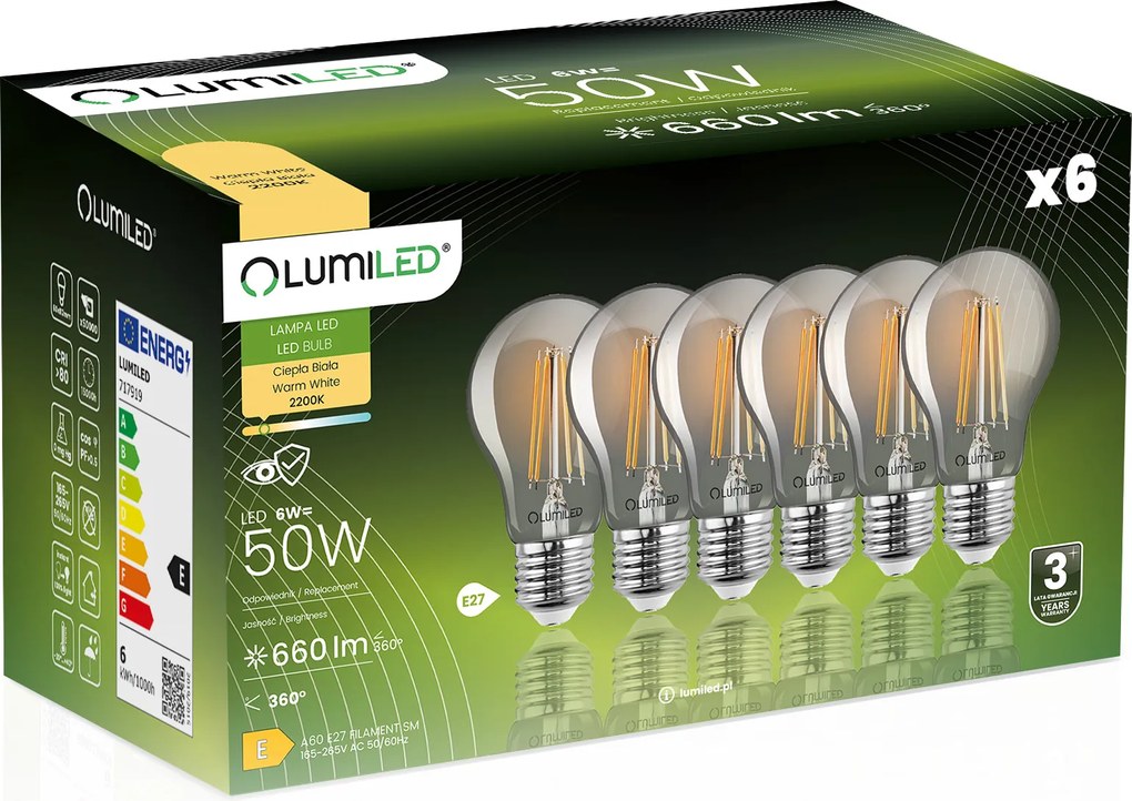 6x Led izzó E27 A60 6W 50W 660lm 2200K Meleg 360° Füst Filament