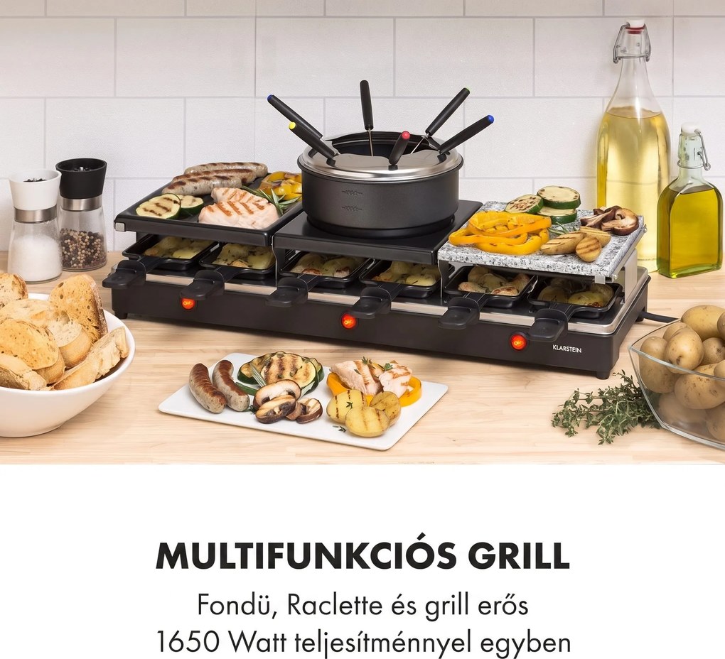 Klarstein Fonduelette XL, 3 az 1-ben raclette grill fonduevel, 1650 W, természetes kő, 12 személyre