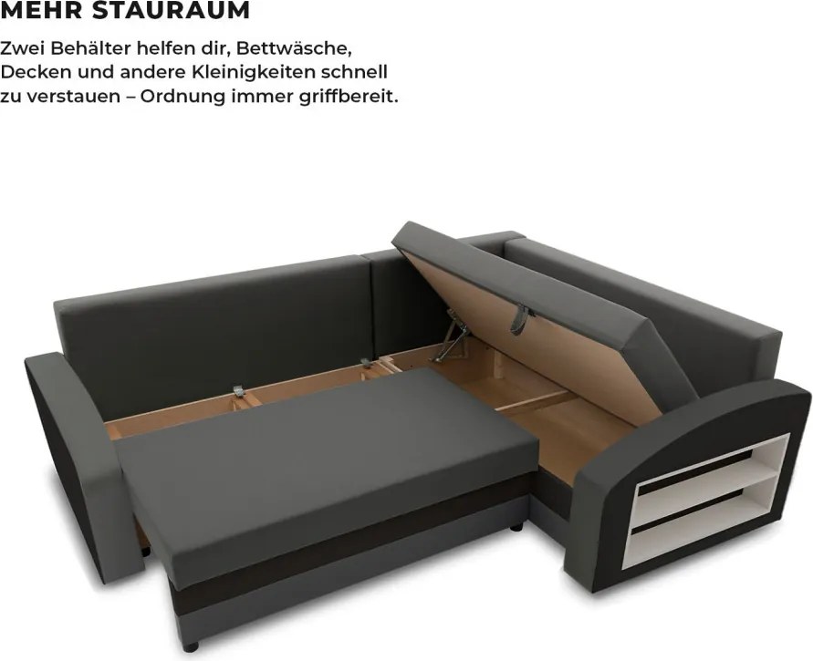 Grande sarokkanapé polcokkal , polc a jobb karfaban, jobboldali, szövet anyag, hab töltet, szürke - fekete