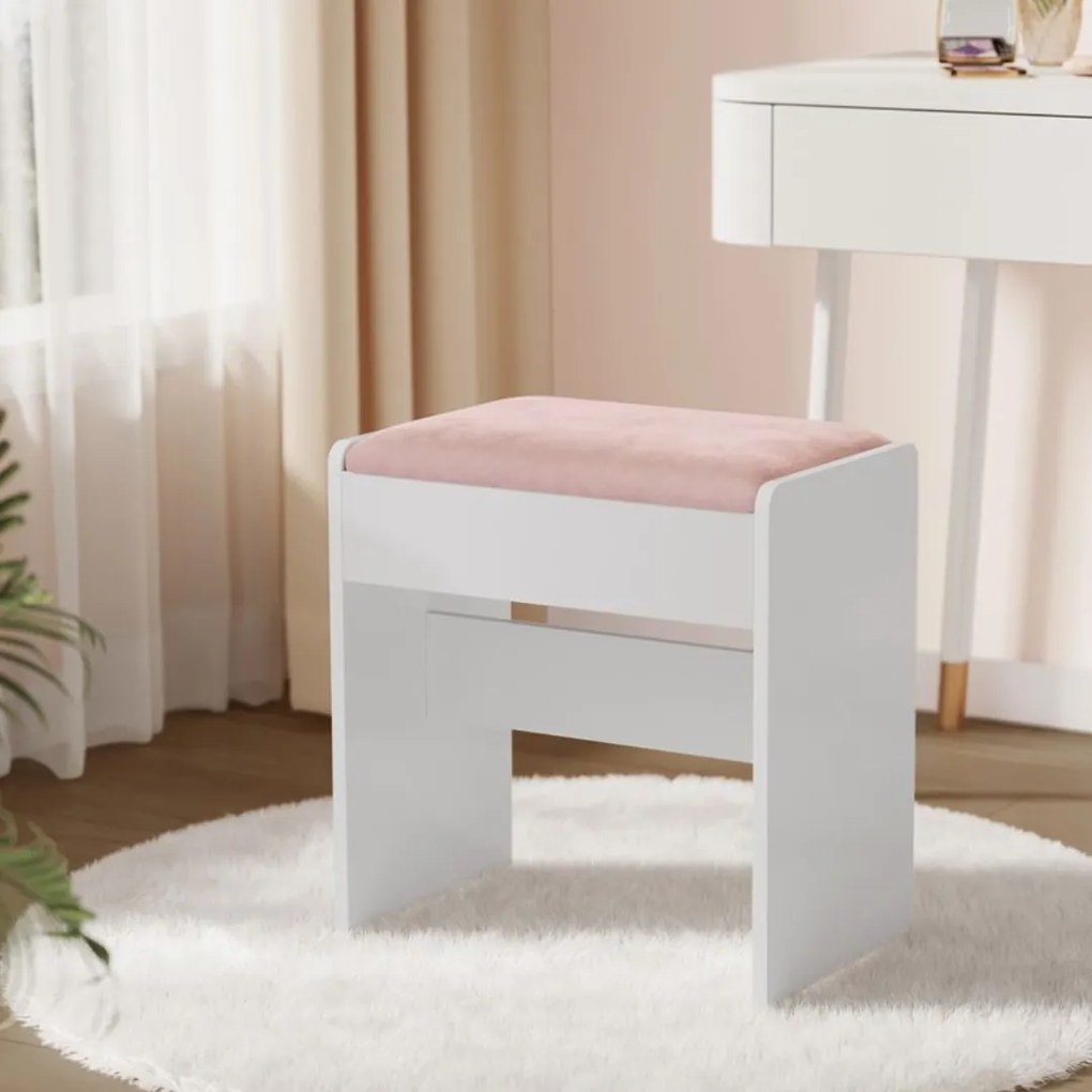 VELVET kárpitozott taburet/szék sminkasztalhoz, 45×45×28,6 cm, fehér/rózsaszín Vasagle