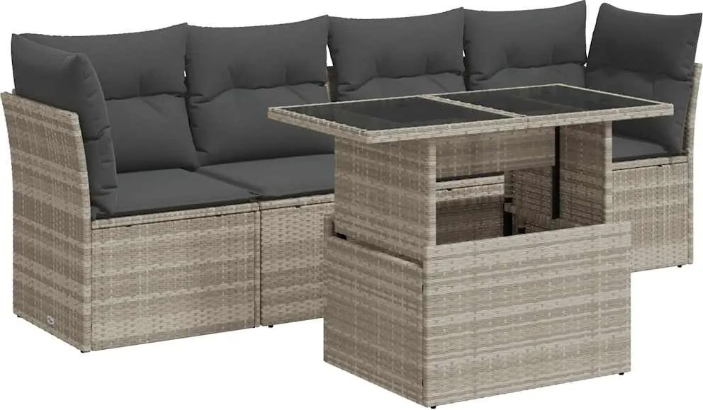 vidaXL 5 részes világosszürke polyrattan kerti ülőgarnitúra párnákkal