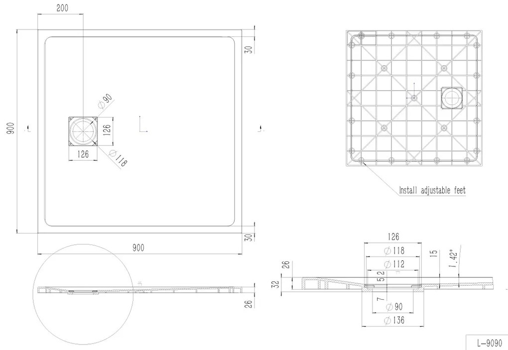 Erga Hyper, SMC zuhanytálca 90x90x2,6 cm + szifon, fekete matt, ERG-V06-SMC-9090S-BK