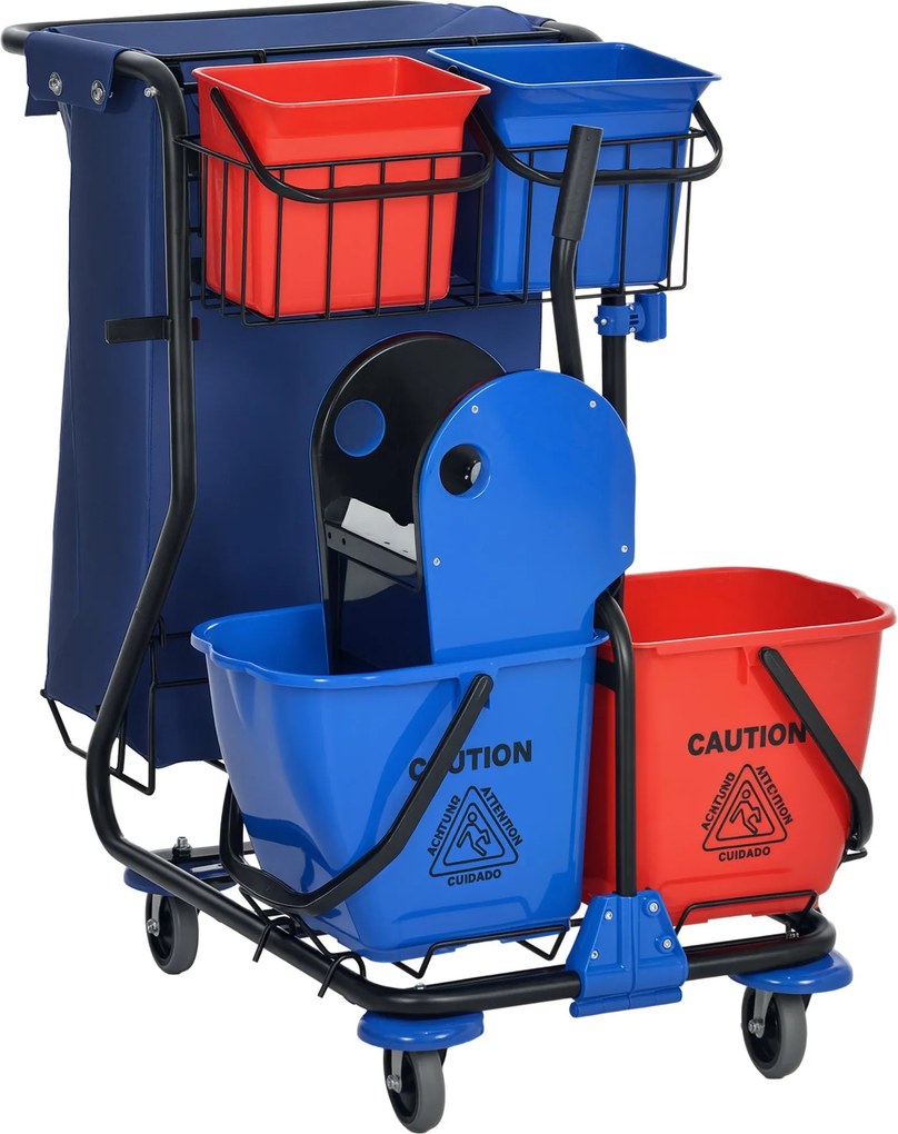 HOMCOM Professzionális Takarítókocsi Kukazsákkal, 2 db 18L Mop Buckettel, 2 db 6L Tároló Buckettel, Mop Összenyomóval, Akasszal és Kerekekkel Szálloda