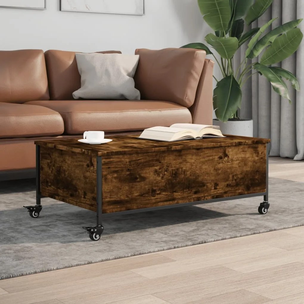 Füstös tölgy szerelt fa dohányzóasztal kerekekkel 91x55x34 cm