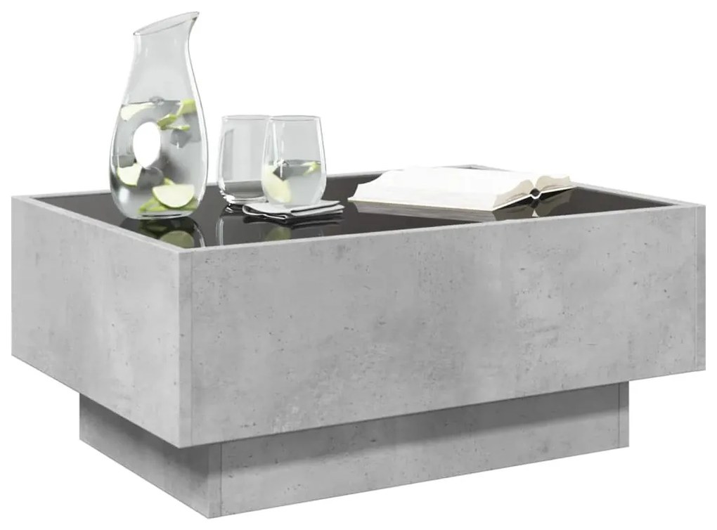 Betonszürke szerelt fa dohányzóasztal LED-del 70 x 50 x 30 cm