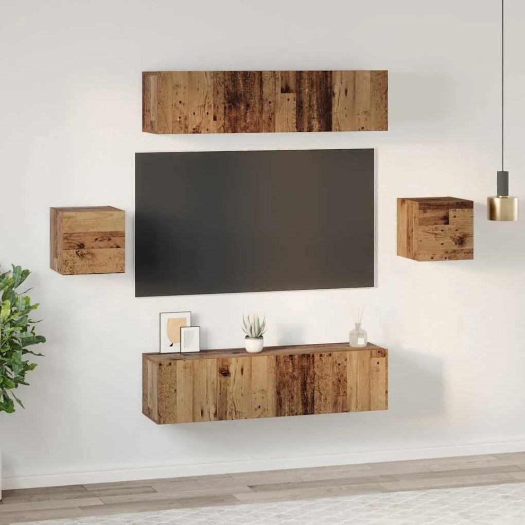 TV szekrény garnitúra Falra szerelhető 6 pcs Régi fa Faanyag