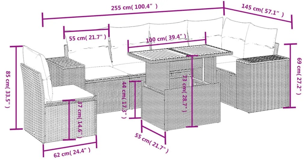 7 részes bézs polyrattan kerti ülőgarnitúra párnákkal