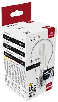 LED izzó, filament, E27, gömb, A60, 7W, 806lm, 2700K, AVIDE (AVLED003)