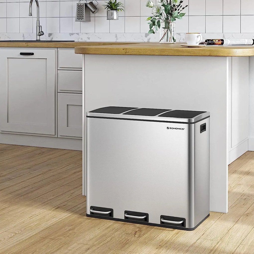 Szelektív szemetes 54 liter, hulladékleválasztó rendszer 3 rekeszes, ezüst