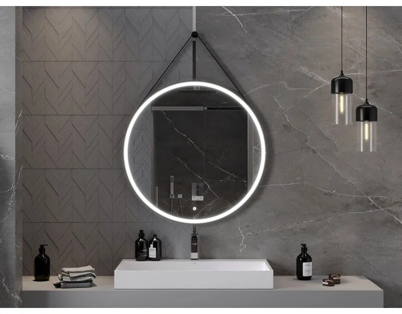 Mexen Reni, LED fürdoszobai tükör háttérvilágítással 90x90 cm, 6000K, fekete keret, páramentes, 9812-090-090-611-70