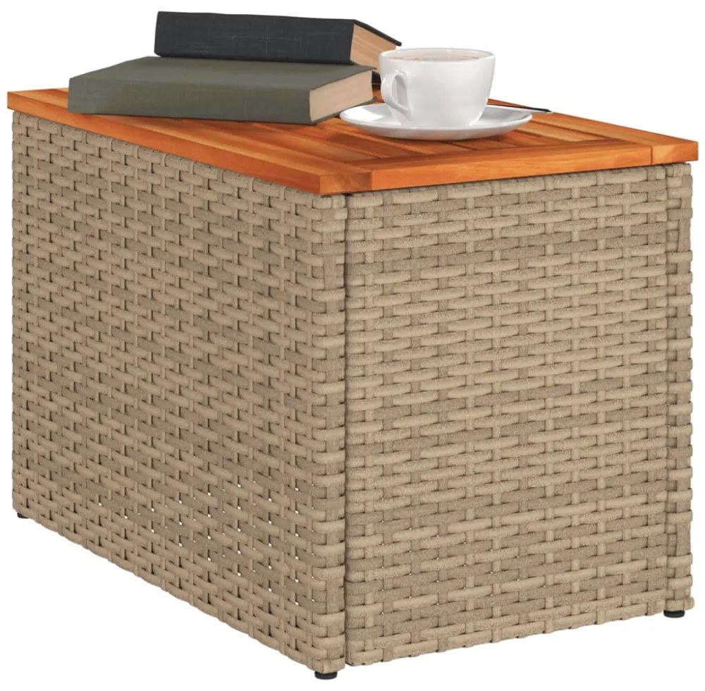 2 db bézs polyrattan és tömör fa kerti kisasztal 55x34x37 cm