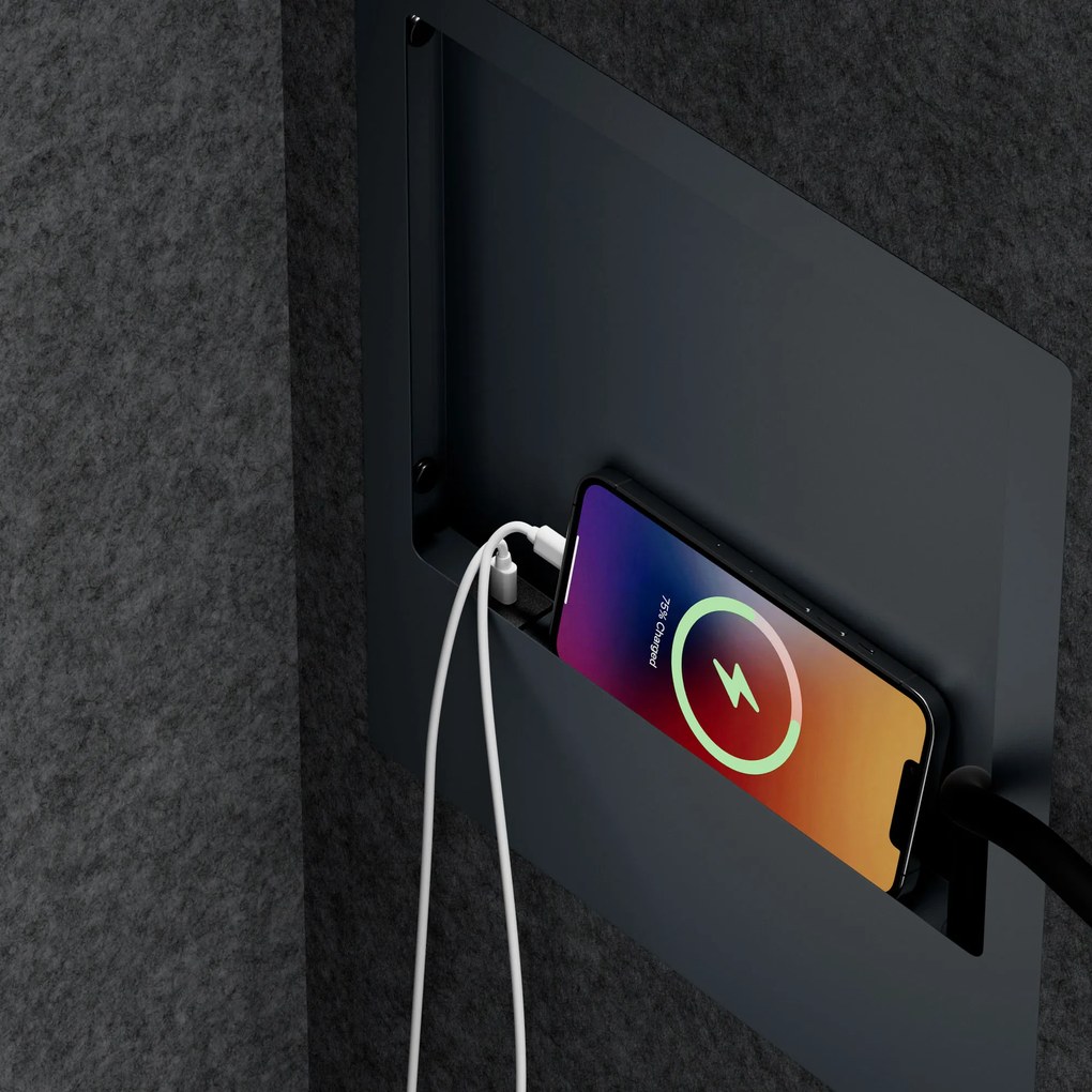 Irodai hangszigetelő fülke ülőkével és USB-C csatlakozóval, antracit színű váz / sötétszürke ülőke, 1150 mm: SALLY MentalBox