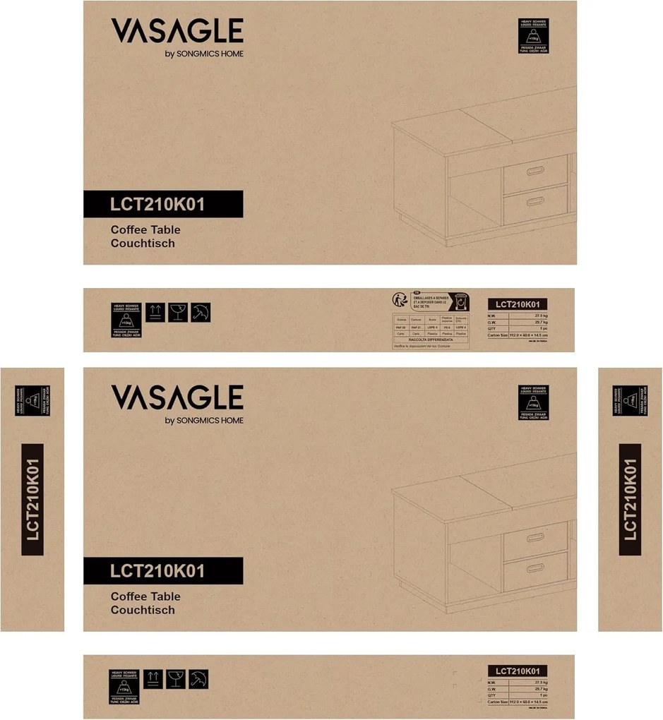 Dohányzóasztal, felemelhető asztallapos dohányzóasztal 2 fiókkal és rejtett rekesszel, bézs