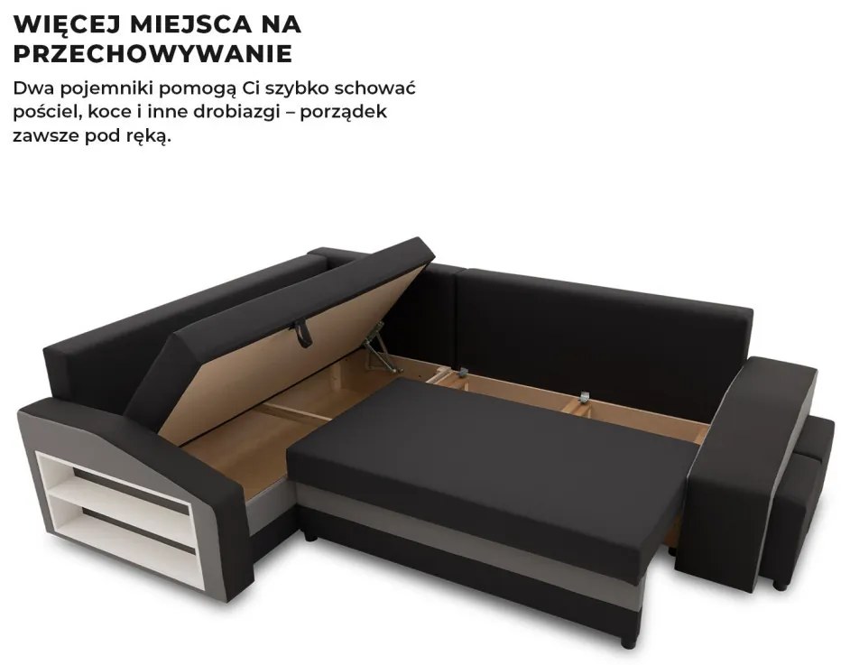 Grande sarokkanapé polcokkal és puffokkal , polc a bal karfaban puffok a jobb karfaban, baloldali, szövet anyag, hab töltet, fekete - szürke