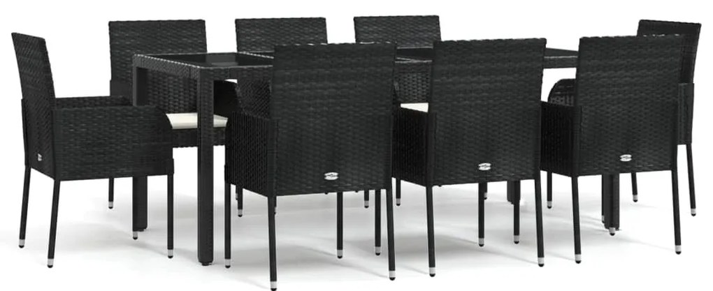 9 részes fekete polyrattan kerti étkezőgarnitúra párnákkal