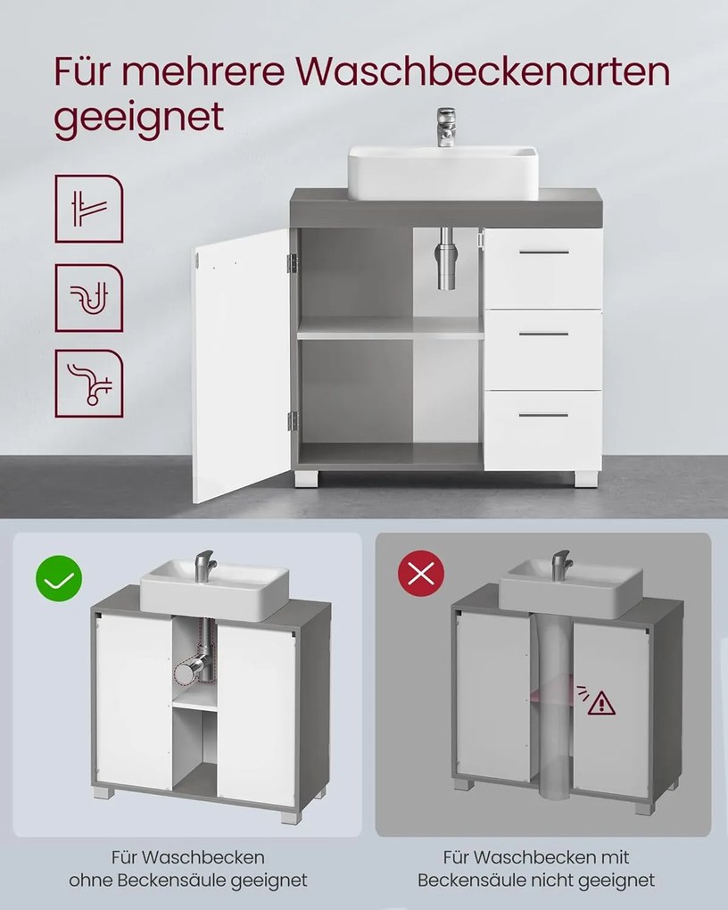 Mosdó alatti szekrény, fürdőszobai szekrény 30 × 70 × 64 cm,fehér–szürke