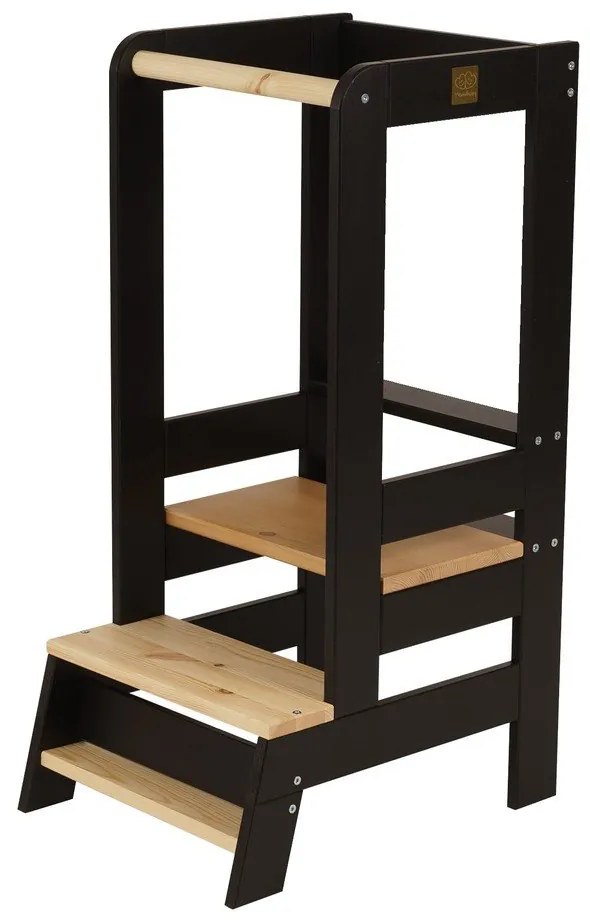 Fekete-natúr színű borovi fenyő tanulótorony Montessori – Meowbaby