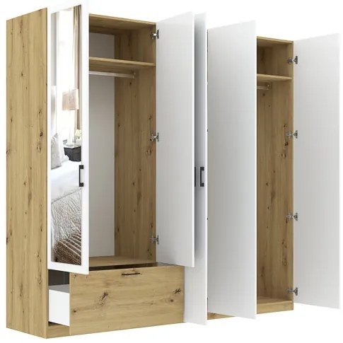 ALTA Gardróbszekrény Tölgy/Matt Fehér Színben, Tükörrel. 225 cm