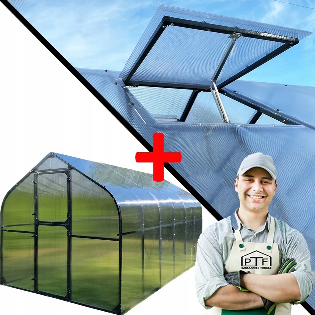 Üvegház Polikarbonát Alagút 10M2 250X400 Ptf Lengyel Antracit Grafit Ablak