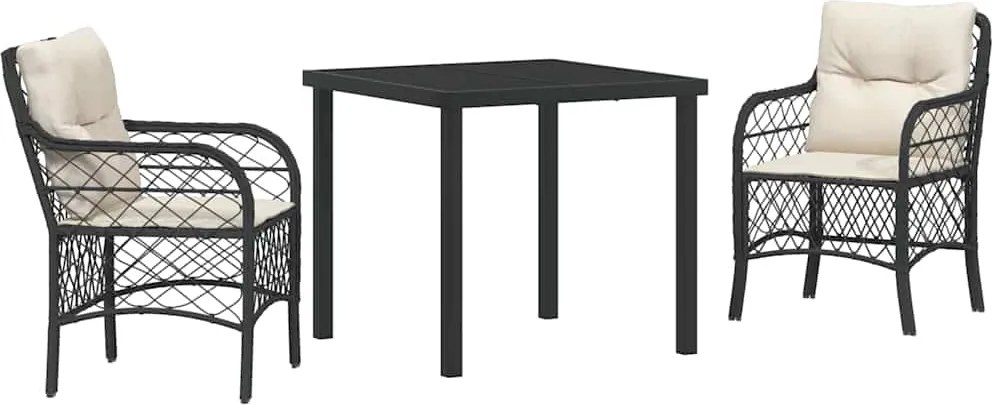 vidaXL Kert étkező szett párnával 3 pcs Fekete polirattan