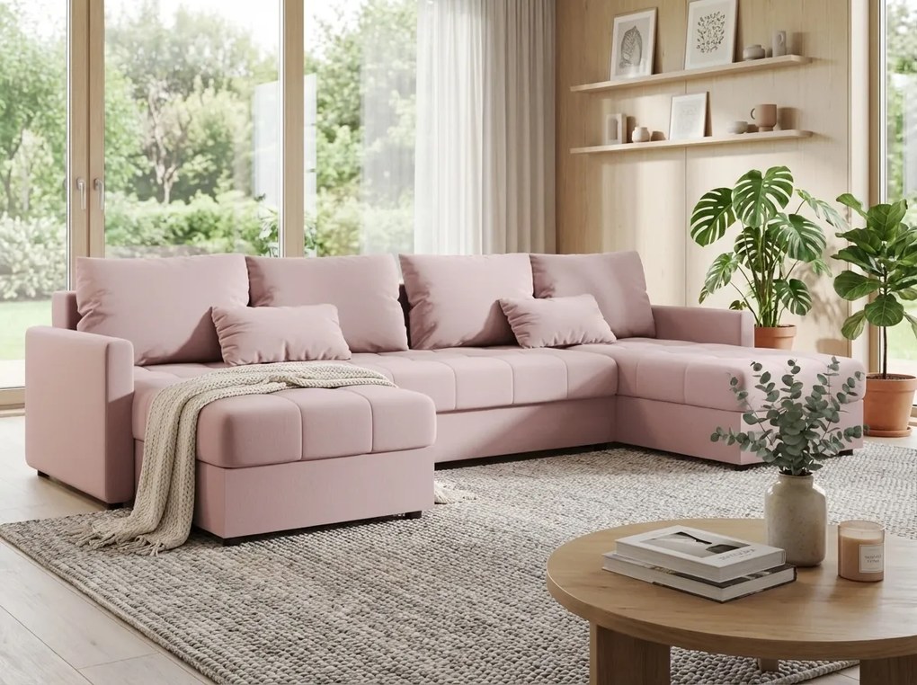 VENORIA U alakú kihúzható ülőgarnitúra, 285x146 cm, púderrózsaszín + 2 párna INGYEN
