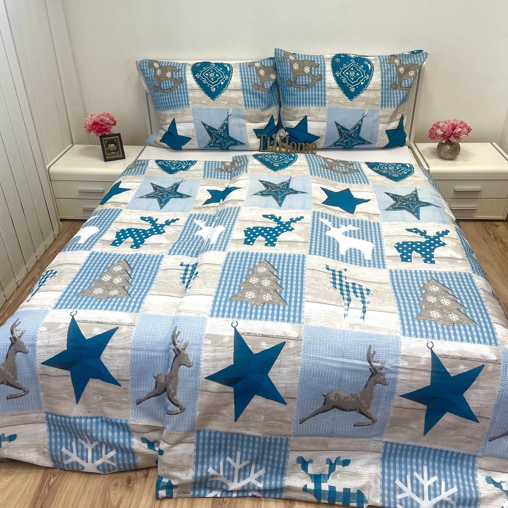 Pamut lepedők Karácsonyi Winter kék TiaHome - 1x Párna 90x70cm, 1x Paplan 140x200cm