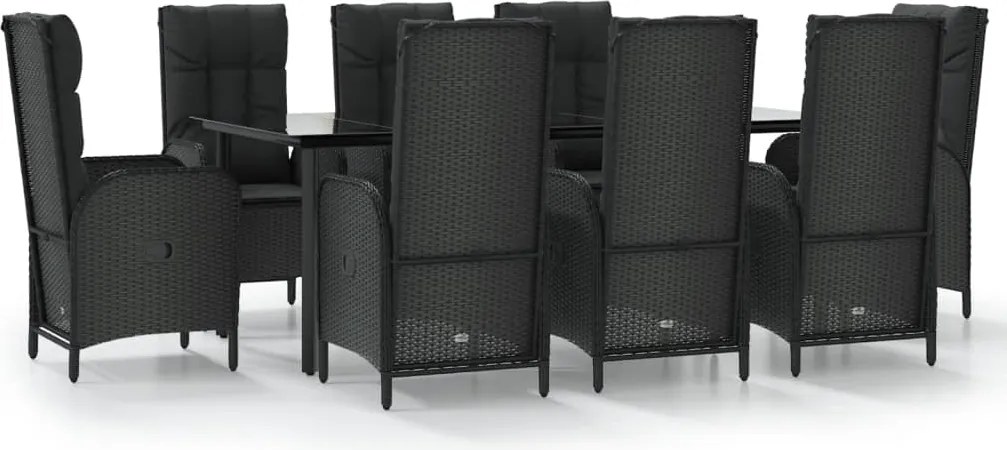 vidaXL 9 részes fekete polyrattan kerti étkezőgarnitúra párnákkal