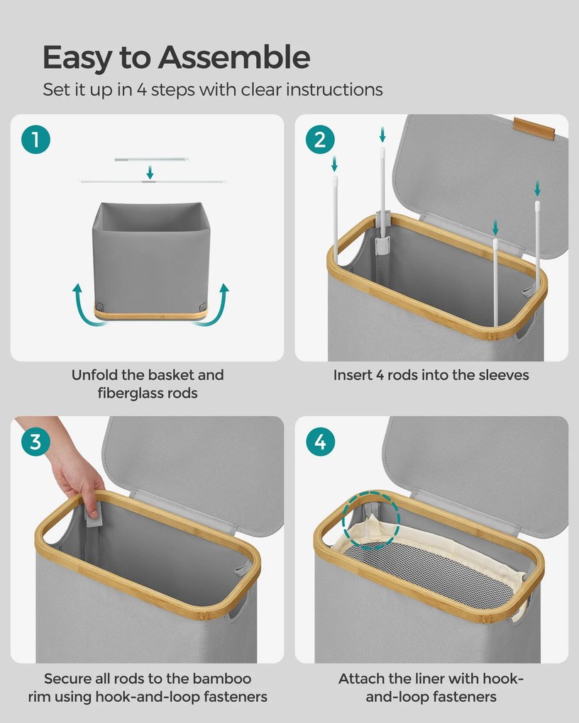 Fedeles mosókosár, 65L, levehető hálós bélés, bambusz fogantyúk, galambszürke