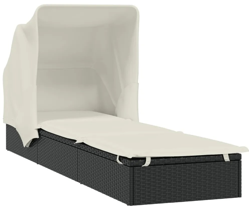 Fekete polyrattan napozóágy összecsukható tetővel 213x63x97 cm