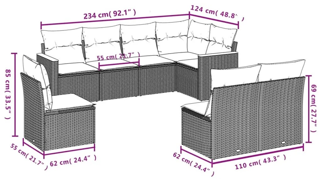 8-részes szürke polyrattan kerti ülőgarnitúra párnákkal