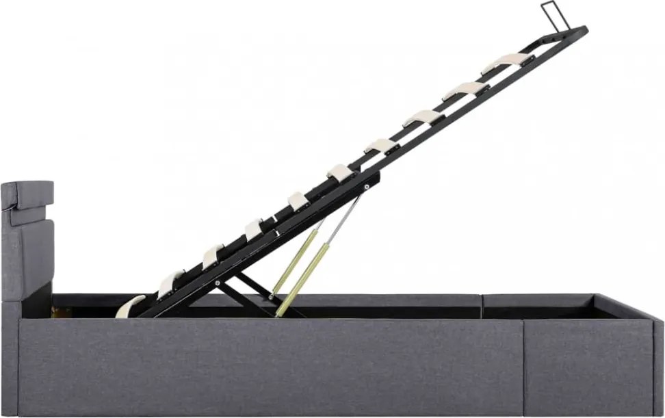 sötétszürke LED-es szövetágy hidraulikus tárolóval 100 x 200 cm