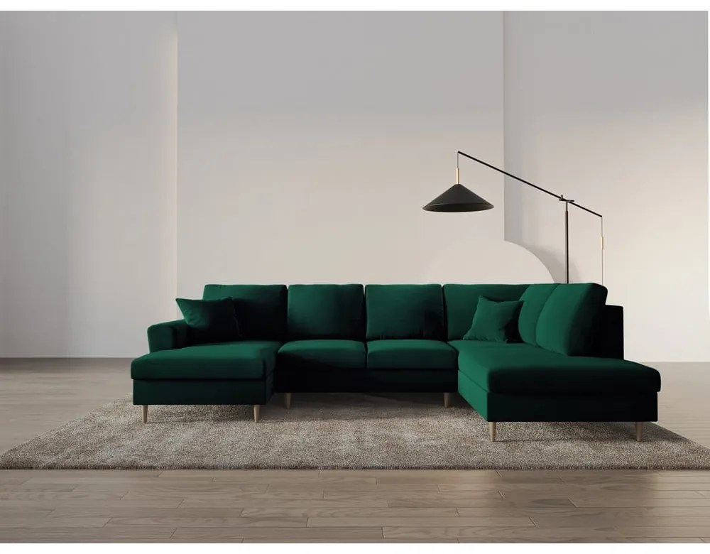 Zöld bársony kinyitható tárolóhelyes sarokkanapé (jobb oldali-U alakú) Kyoto – Cosmopolitan Design