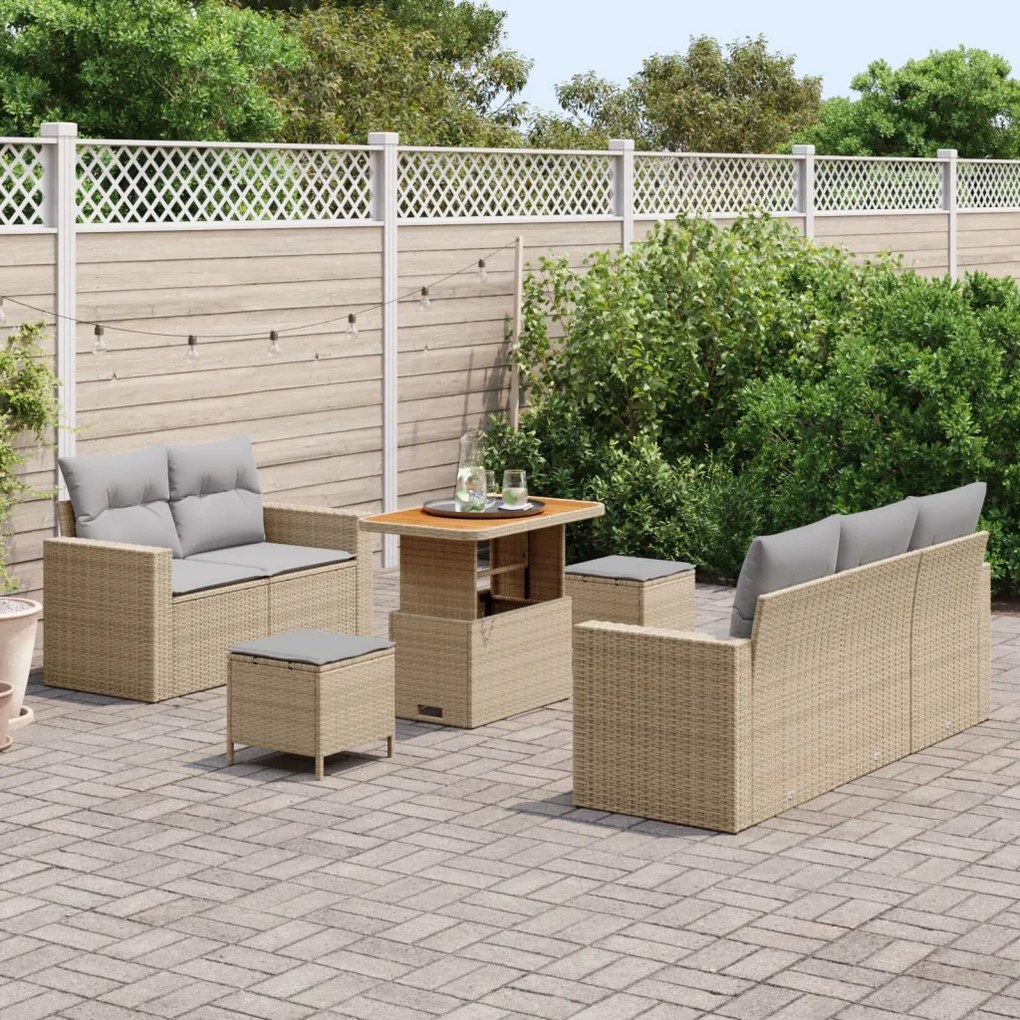 8 Darabos Kert Kanapé Szett Párnákkal Bézs Poly Rattan Akácia, 3 Darabos Kert Étkező Szett Párnákkal Bézs Poly Rattan Akácia