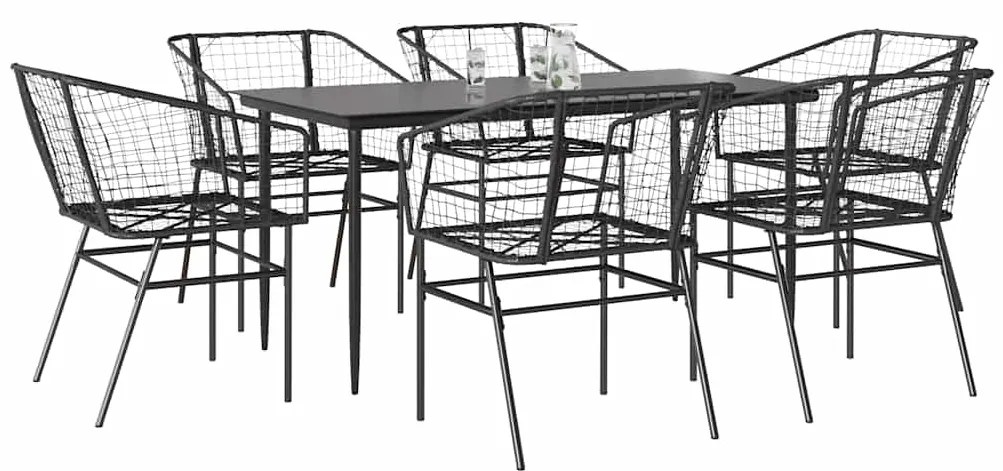 vidaXL 7 részes fekete polyrattan üveg kerti étkezőgarnitúra