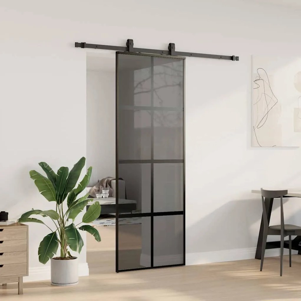 Fekete edzett üveg tolóajtó fémszerelék szettel 76x205 cm