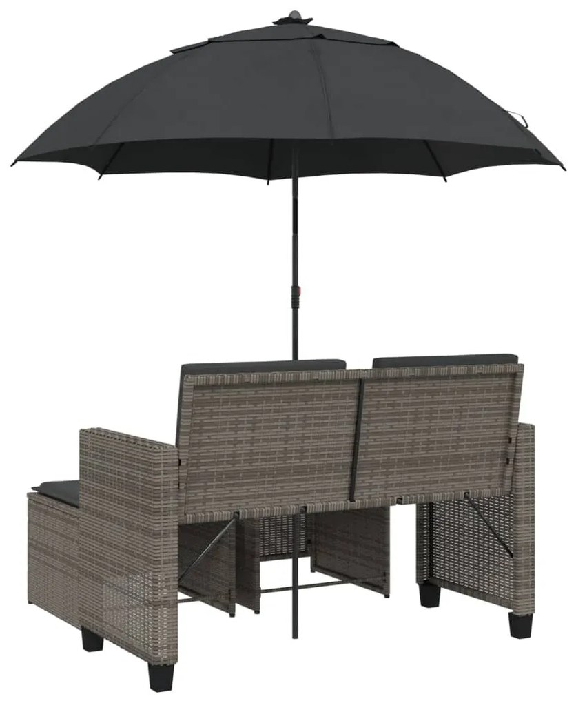 2 személyes szürke polyrattan kerti kanapé napernyővel/székkel