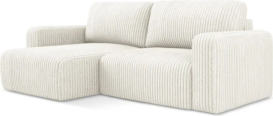 Krémszínű kordbársony kinyitható-tárolóhelyes sarokkanapé (bal oldali-heverő résszel) Kona – Makamii