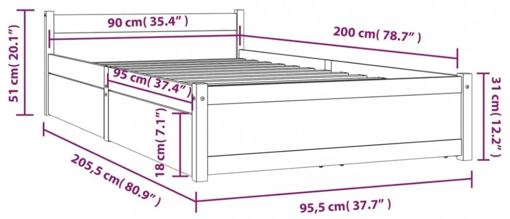vidaXL fehér ágykeret fiókokkal 90 x 200 cm