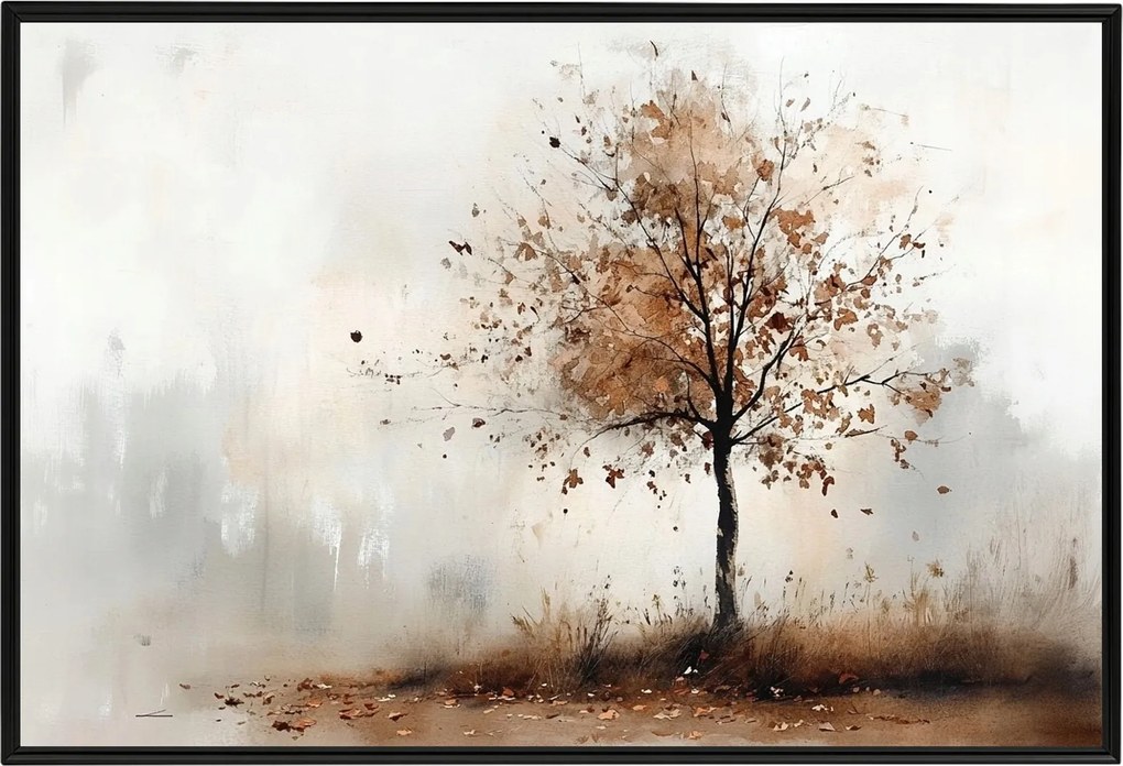 Poszter Keret Alumínium Akvarell Természet Tájkép Ősz Fa Köd 60x40