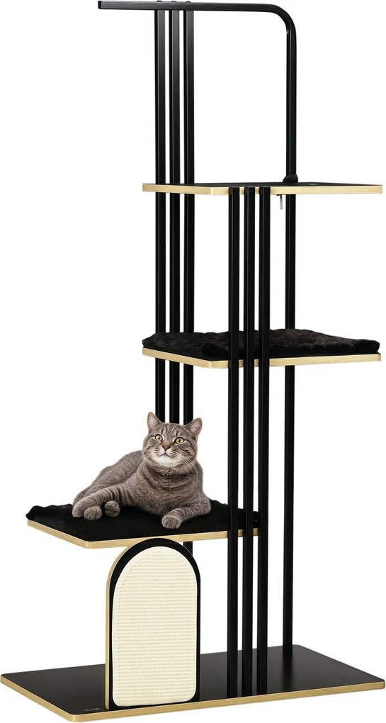 PawHut Macska Fa 170 cm Kaparóoszlop párnával, Mászófa Kaparófelülettel, 3 Szintes Macska Fa, Macska Bútor, Acél, Fekete | Aosom