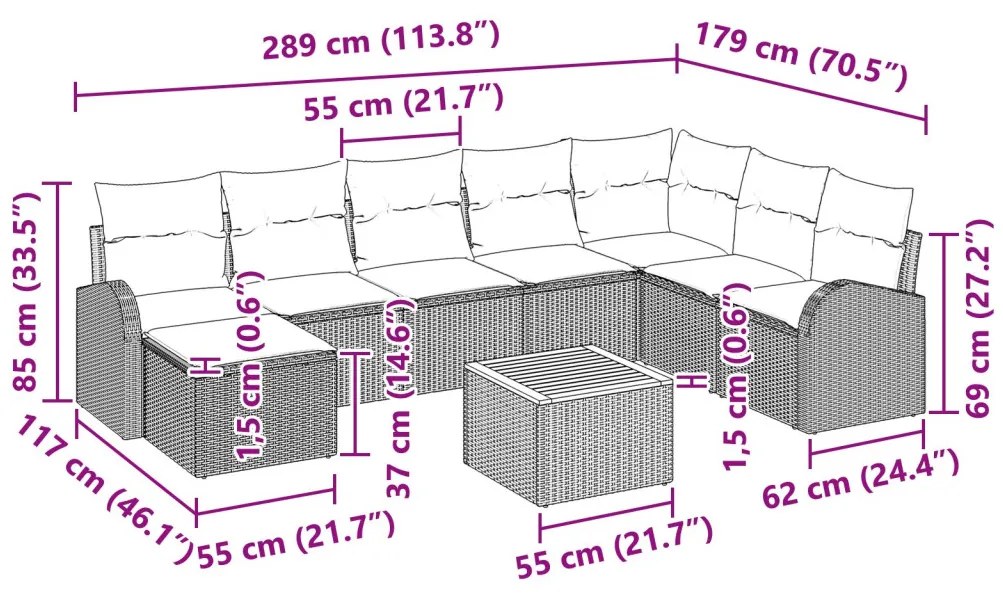 9 részes Kerti Kanapé Szett Párnákkal Fekete Poli Rattan Akácia